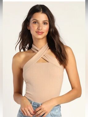 Lulus NWT Essential Energy Tan Ribbed Sleeveless Cutout Cross-Front Top